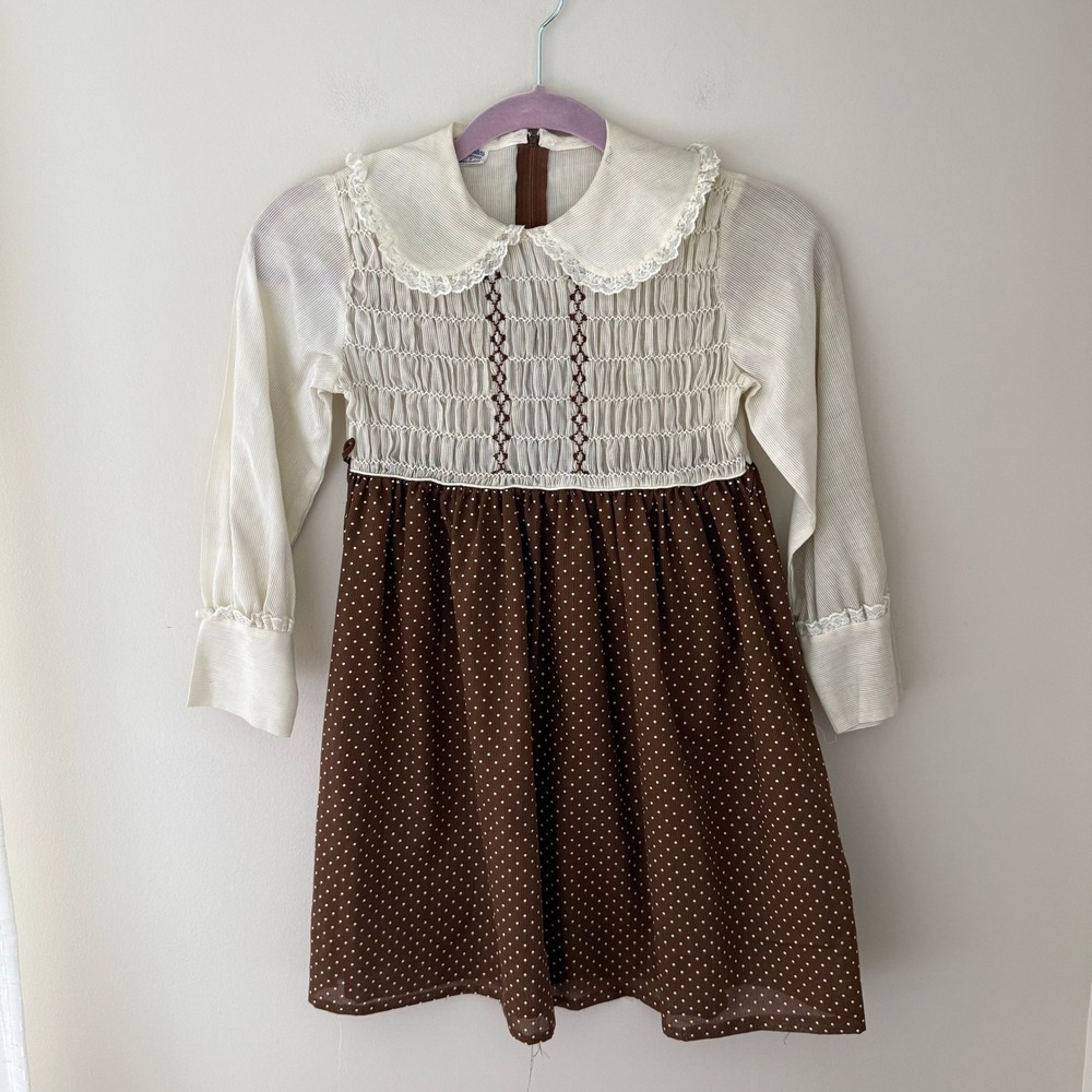 Polly Flinders Vintage Hand Smocked Polka Dot Dress Brown Cream Girls Size 8